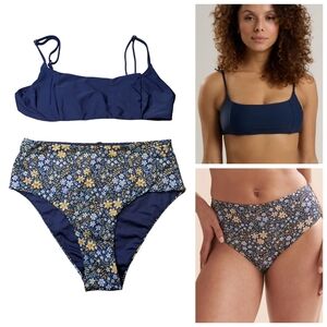 Quintsoul Scoop Neck Solid Blue Top & Floral Highrise Reversible Bottoms Size S